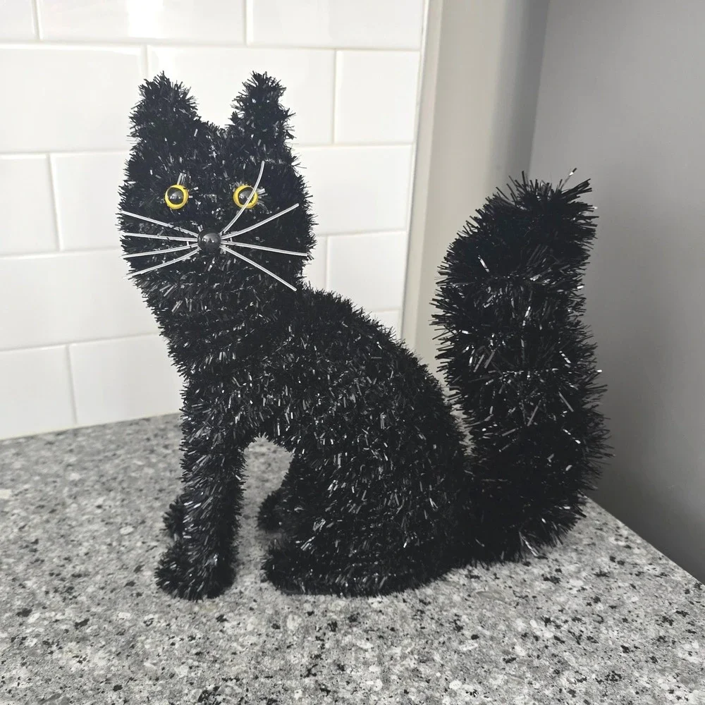 Halloween Tinsel Cat Pair Black Arched Back Spooky Sparkle Decor Witchy Party